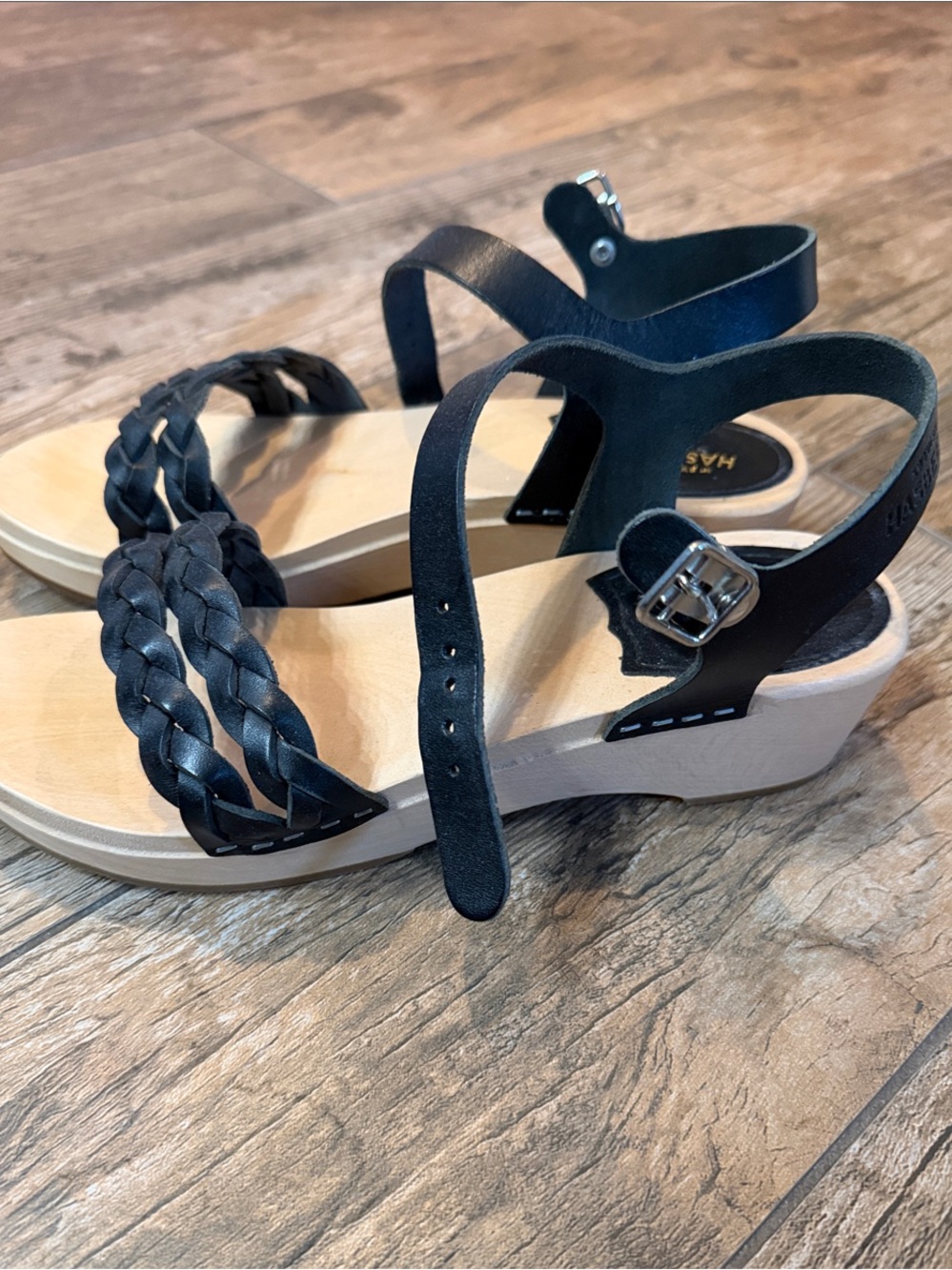 Swedish Hasbeens Black Braided Leather Ankle-Strap Sandals